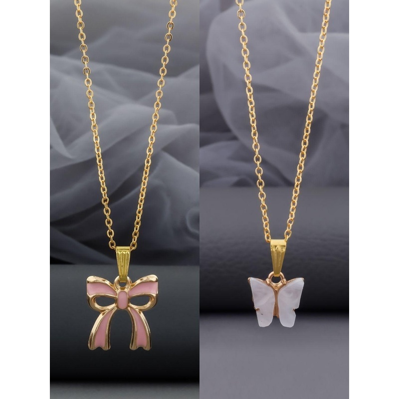 Birado Jewellery Women Set Of 2 Stainless Steel Gold-Plated Bow Shaped Pendant & Chains