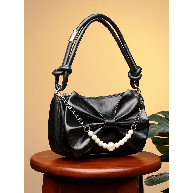 DressBerry Black Embellished Bow Detail PU Handheld Bag