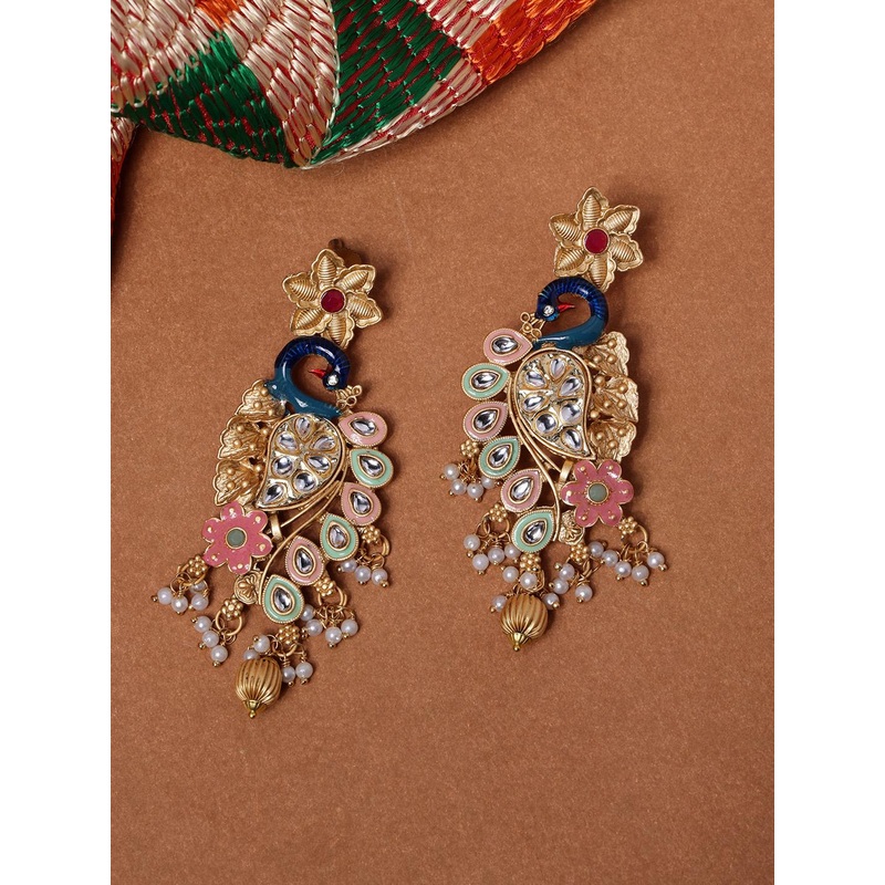 PANASH Gold Plated Cubic Zirconia Peacock Shaped Drop Earrings
