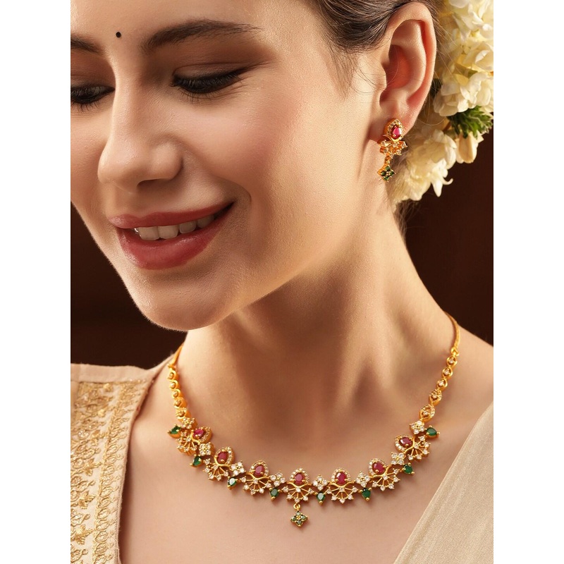 Rubans Gold-Plated CZ and Ruby & Emerald Studded Necklace Set