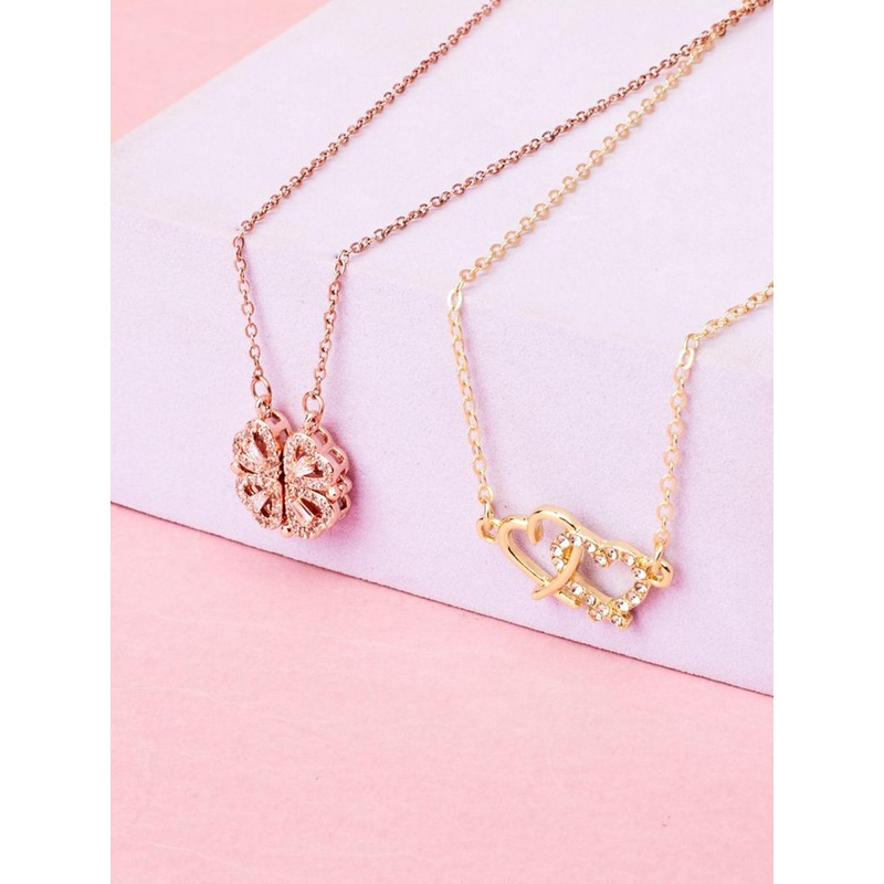 SALTY Set Of 2 Stones-Studded Magnetic Clover & Linked Hearts Chains