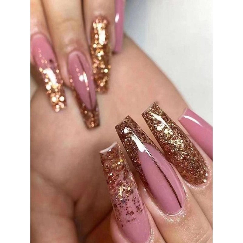 The Pink Truck Set Of 24 Artificial Reusable Nails With Glue – Pink With Golden Coffin