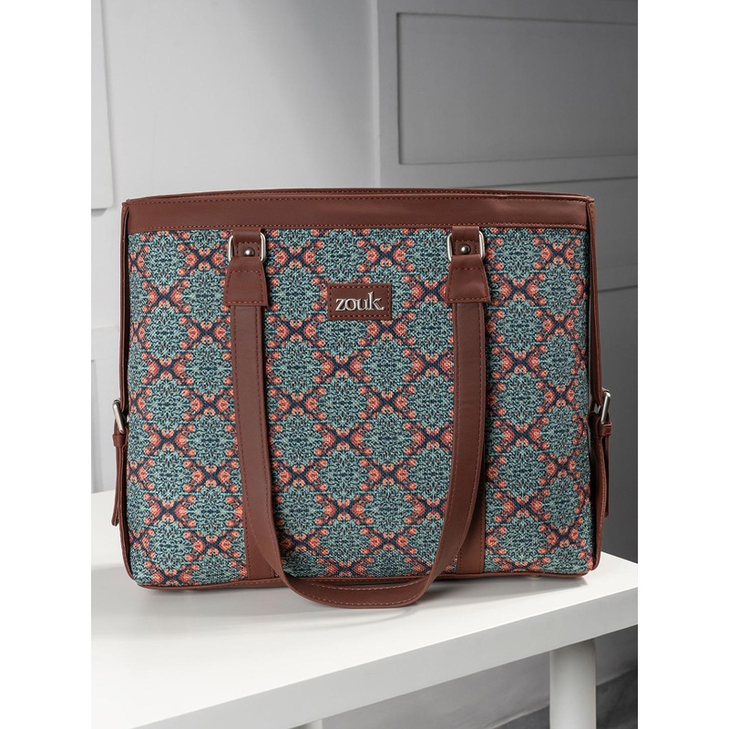 ZOUK Ethnic Motifs Printed Structured Jute Shoulder Tote Bag