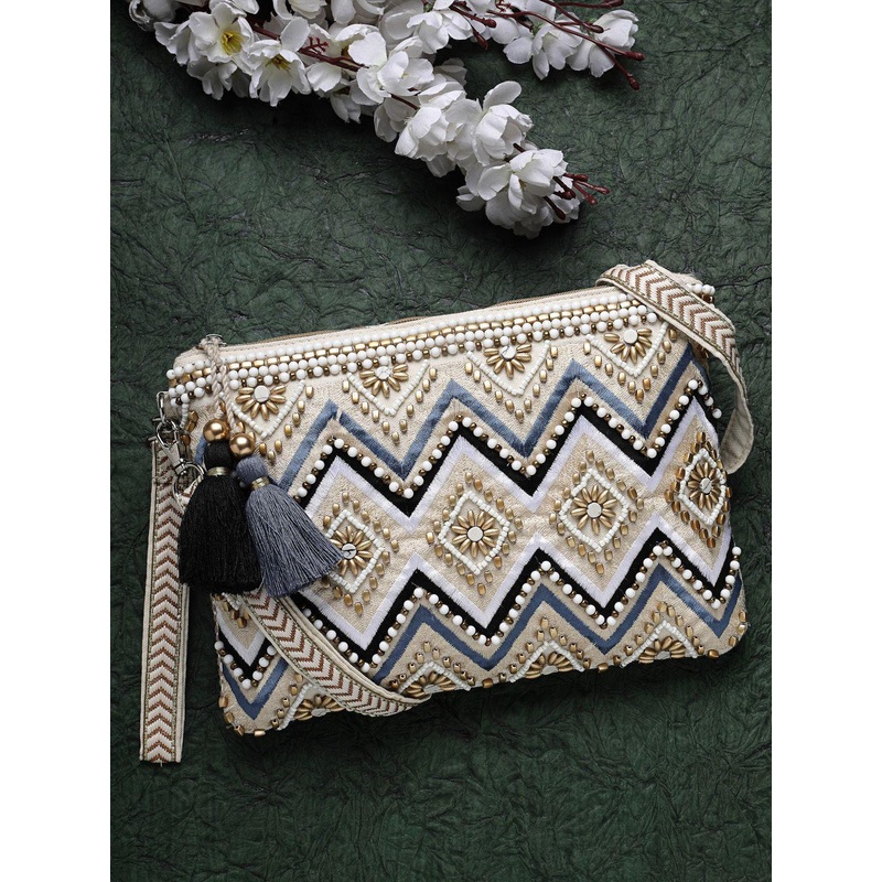 Anekaant Chevron Embellished Cotton Jacquard Sling Bag