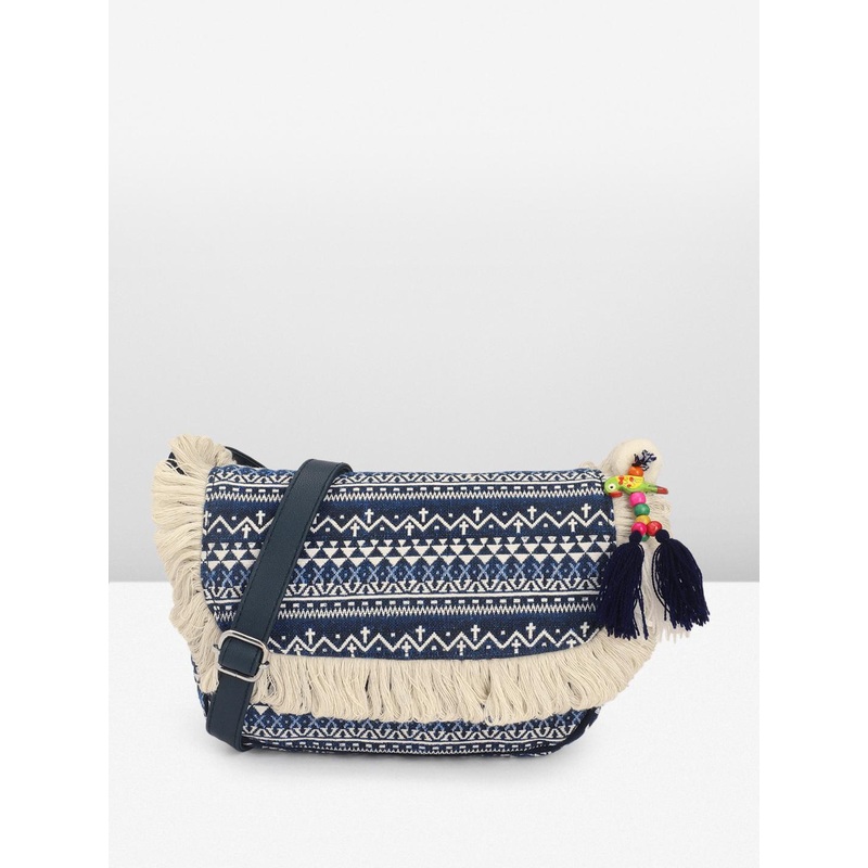 Anouk Geometric Printed Structured Sling Bag with Tasselled