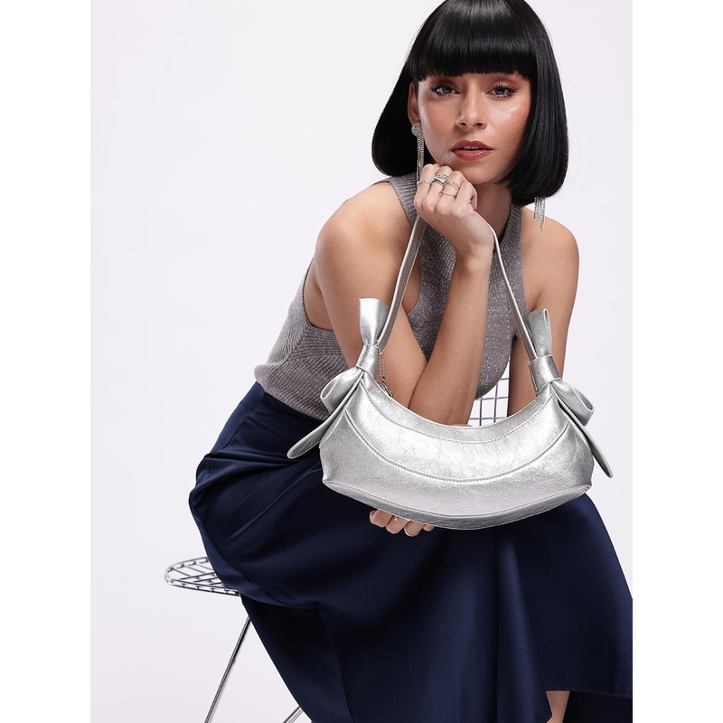 DressBerry Textured Half Moon Shoulder Bag with Bow Detail