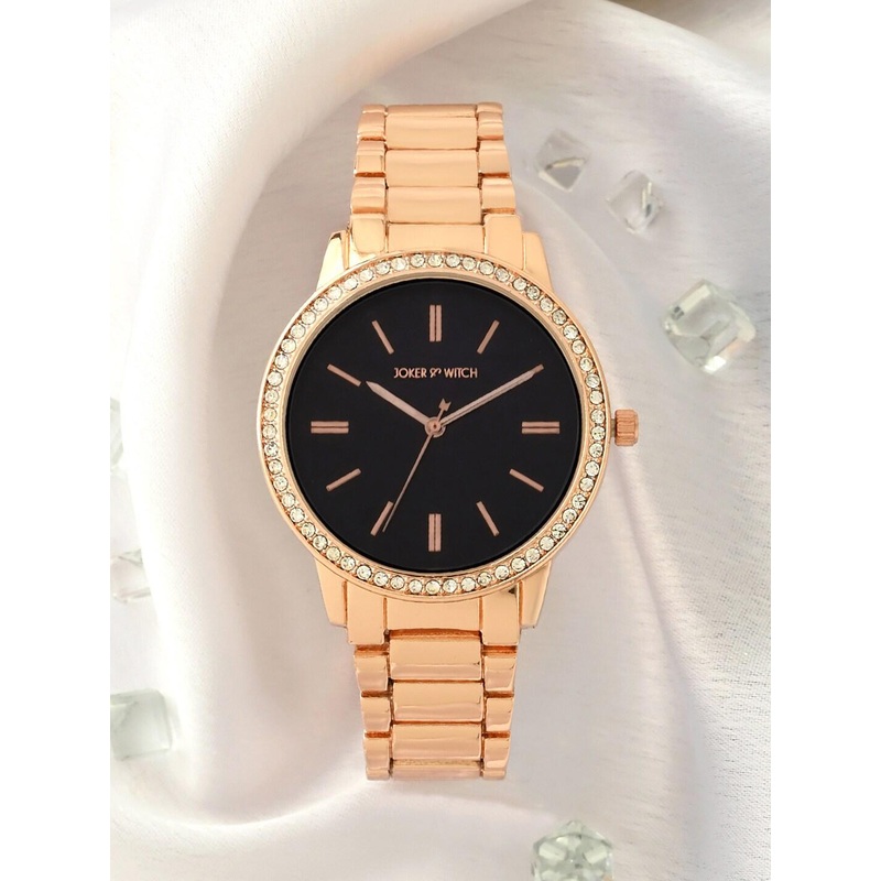 JOKER & WITCH Women Black Patterned Dial & Rose Gold Bracelet Style Analogue Watch AMWW655
