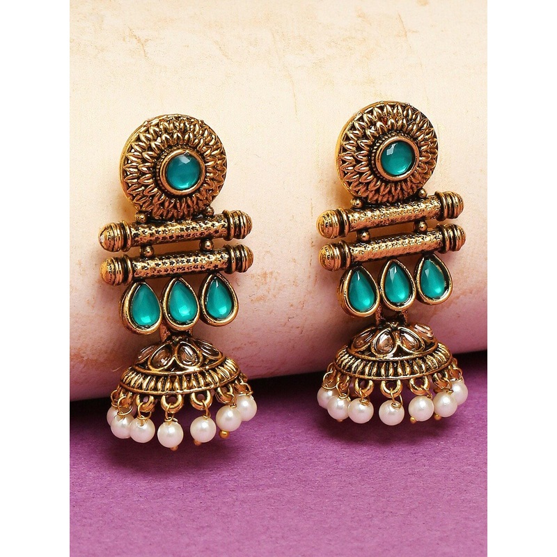 OOMPH Green & Gold-Toned Floral Jhumkas Earrings