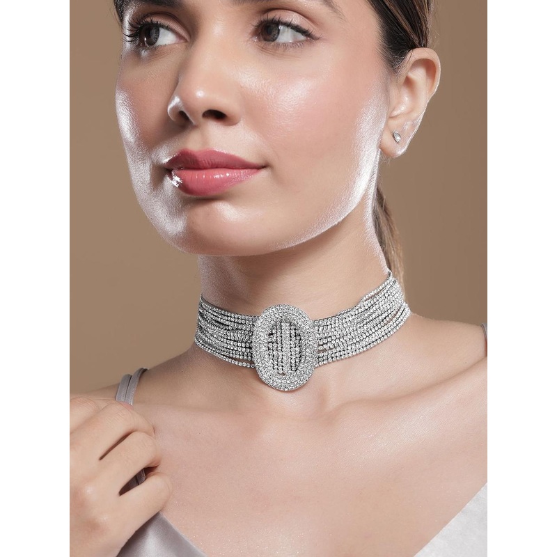 Rubans Rhodium Plated Crystal & AD Studded Multi Strand Statement Choker Jewellery Set