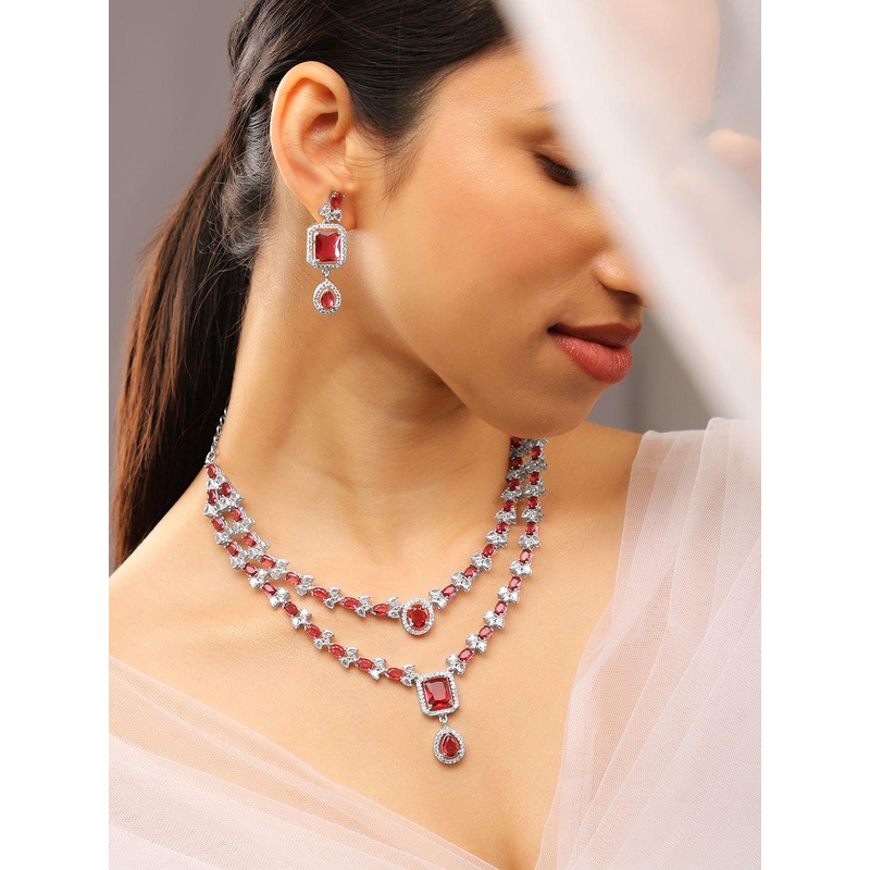 Rubans Rhodium-Plated Ruby Red & White Cubic Zirconia Studded Luxe Layered Necklace Set