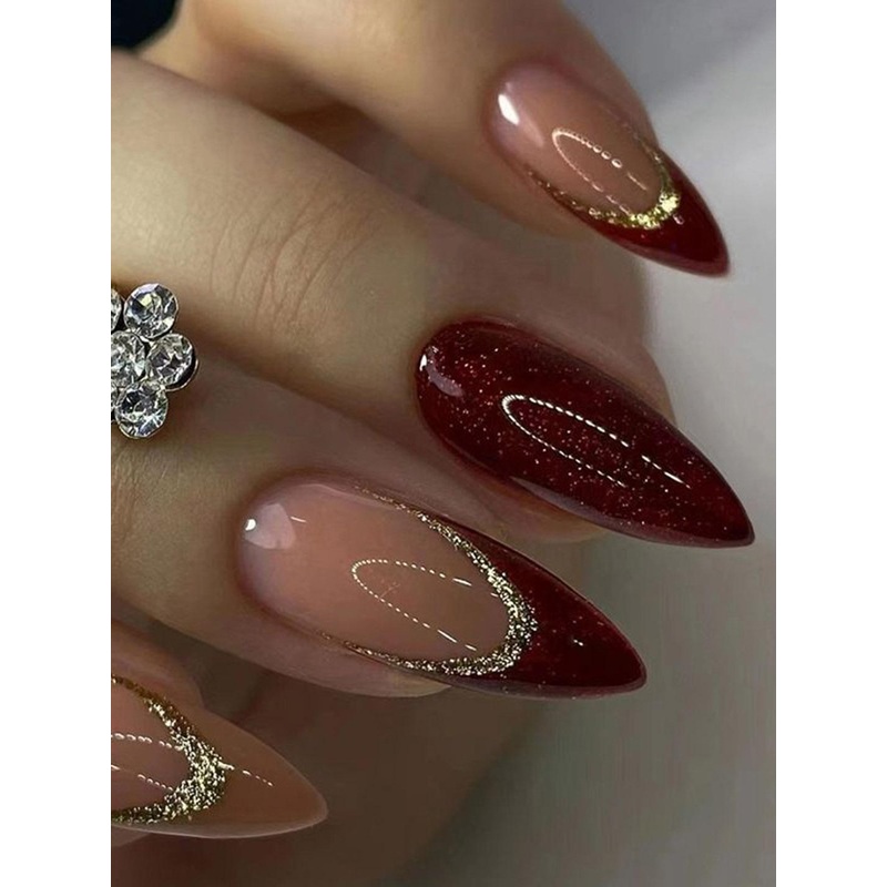 The Pink Truck Set Of 24 Bridal Golden Tip Artificial Reusable Nails With Glue – Red