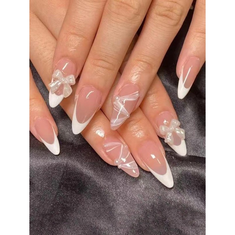 The Pink Truck Set Of 24 Reusable Nails & Application Kit- Creamy Shine With Bow & Pearls