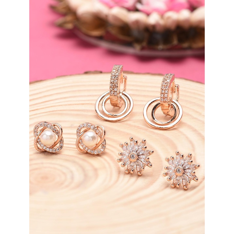 Zaveri Pearls Rose Gold Plated Set of 3 Contemporary Studs Earrings