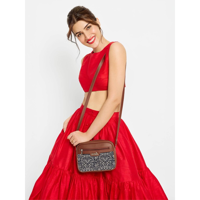 ZOUK Navy Blue & Beige Ethnic Motifs Woven Design Handcrafted Vegan Leather Sustainable Sling Bag