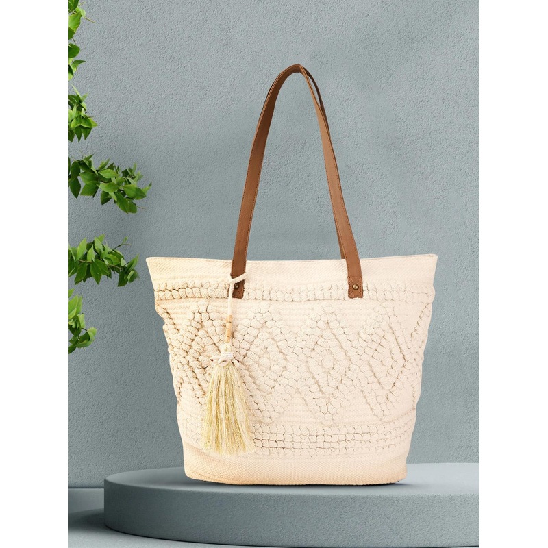 Anouk Women Off-White Woven Design Shoulder Bag with Tasselled Detail