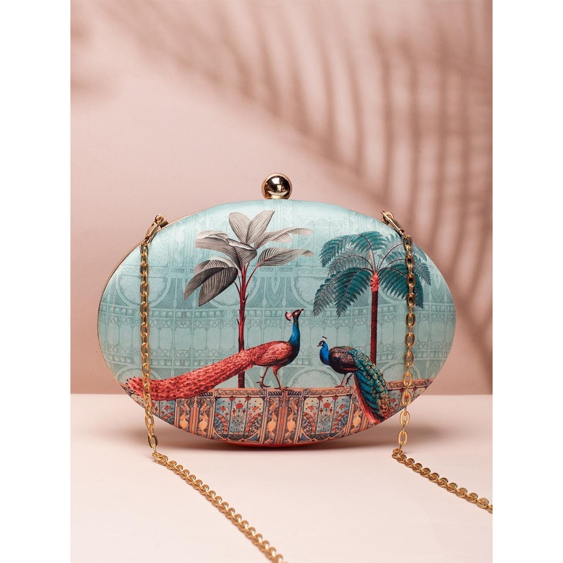 ARTKLIM Sea Green & Gold-Toned Printed Box Clutch