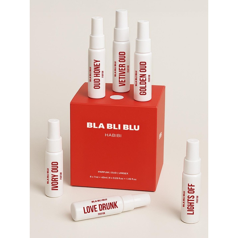 BLA BLI BLU Set Of 6 Ivory Oud, Love Drunk, Lights Off, Oud Honey Perfume – 7 ml Each