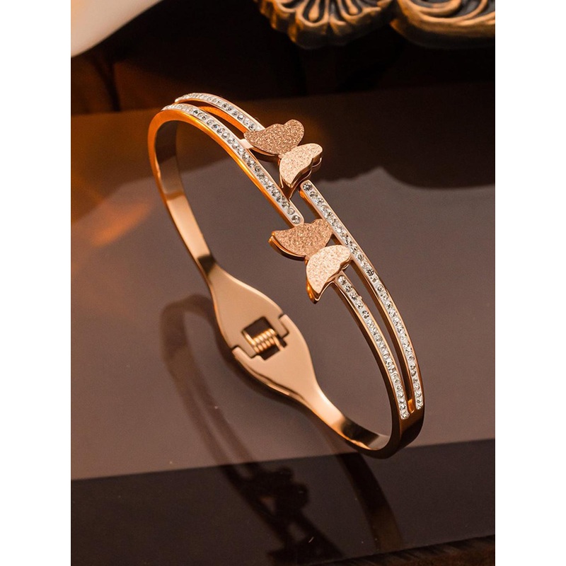 Jewels Galaxy Women Rose Gold Plated American Diamond Stainless Steel Bangle Bracelet