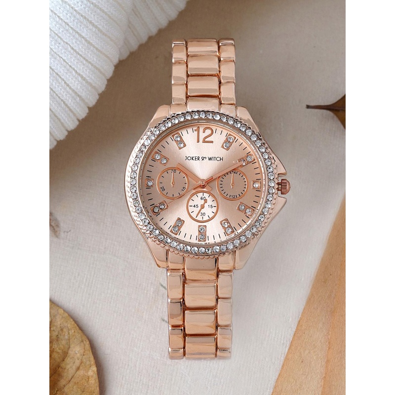 JOKER & WITCH Women Gold-Toned Embellished Dial & Rose Gold Toned Bracelet Style Straps Analogue Watch