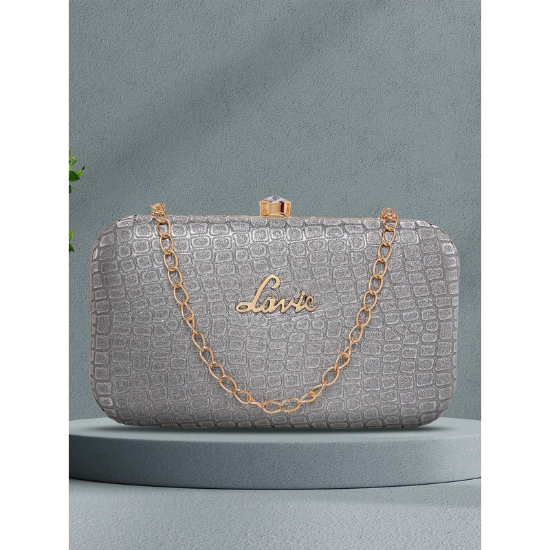 Lavie Tinsel Grey Crocodile Textured Shimmer Frame Clutch