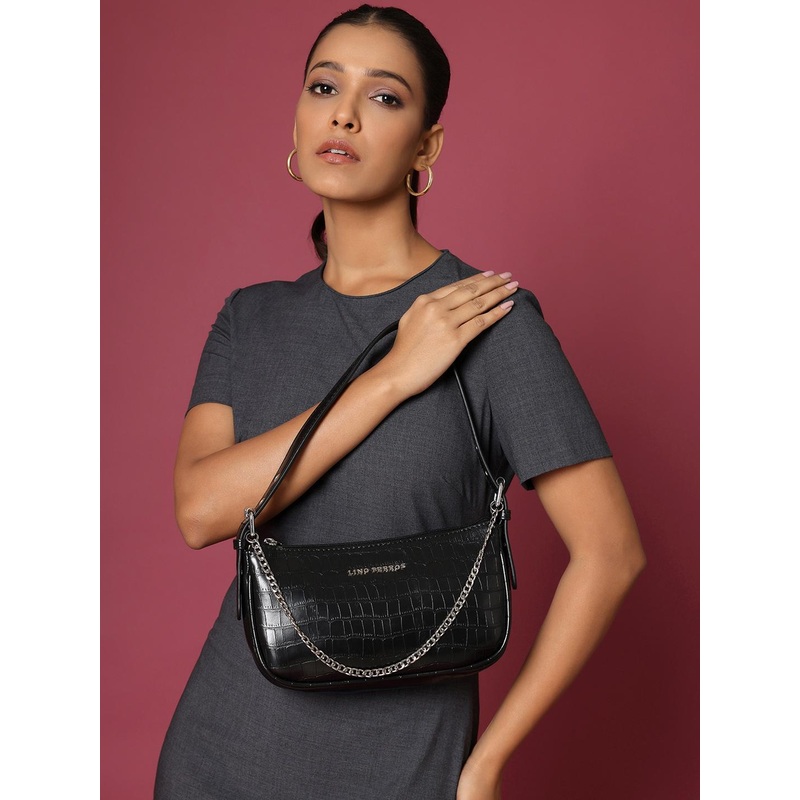 Lino Perros Black Croc Textured Baguette Bag