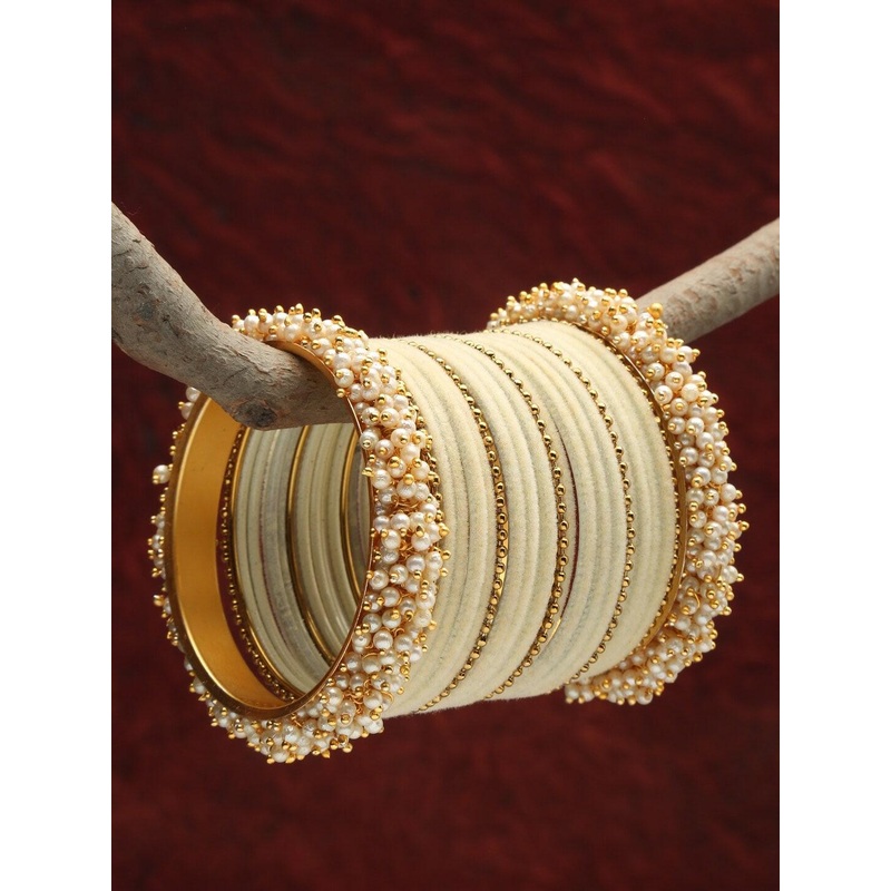 Shining Diva Set Of 23 Gold-Plated & White Pearls Beaded Bangles