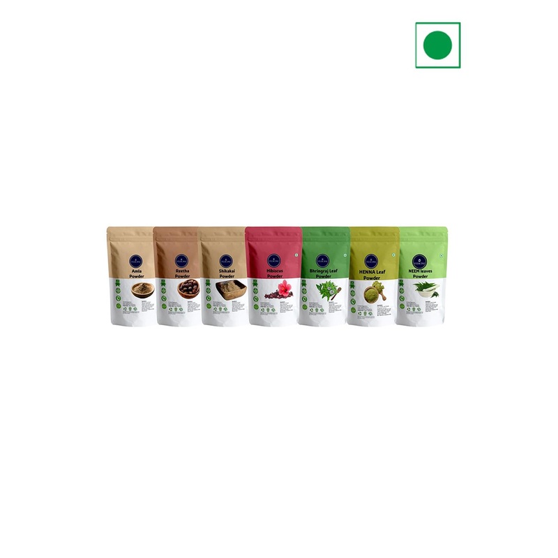 VEDICINE Set Of 7 Amla Reetha Shikakai Hibiscus Bhringraj Heena & Neem Leaf Powder – 70 g