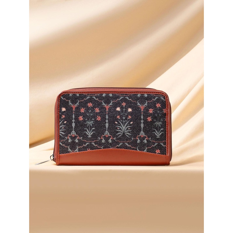 ZOUK Women Floral Printed Leather Zip Around Taj Guldasta Chain Wallet