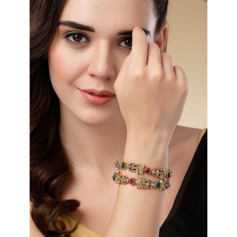 KARATCART Women Set Of 2 Gold Plated Red & Green Kundan Studded Mata Laxmi Rajwadi Temple Bangle