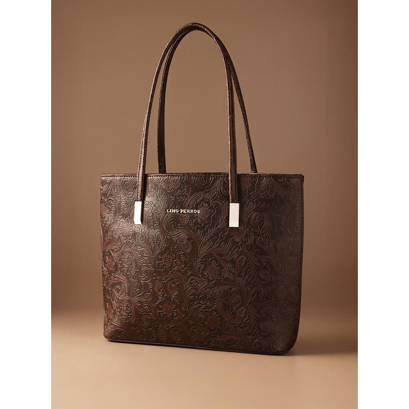 Lino Perros Coffee Brown Ethnic Motifs Textured Structured Laptop Bag