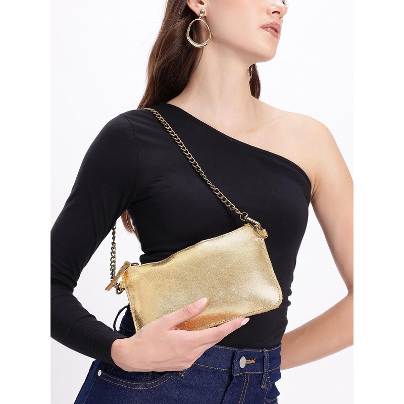 MANGO Leather Metallic Shoulder Bag