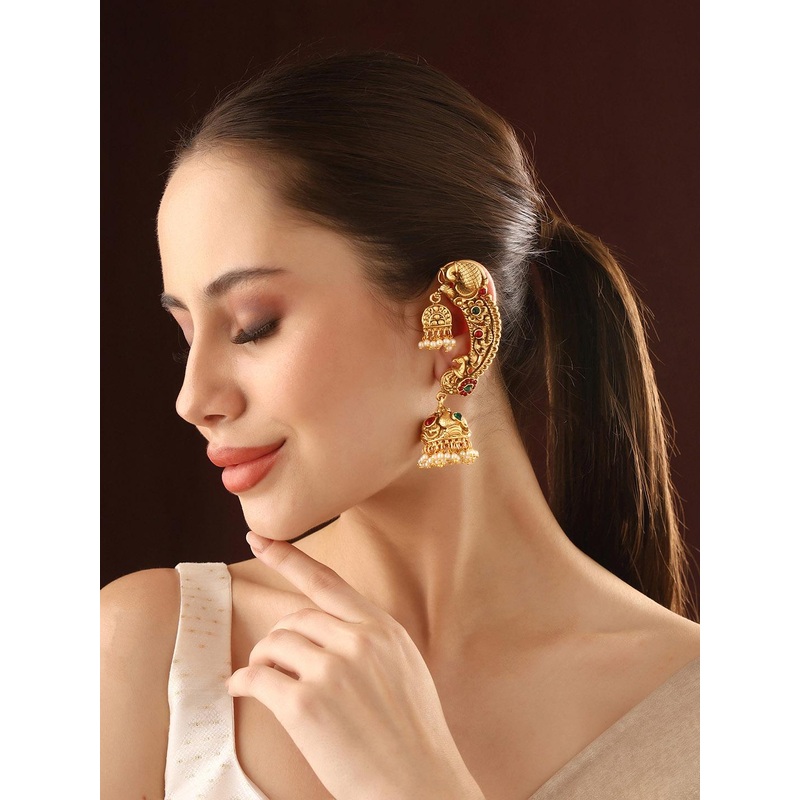 Priyaasi Gold-Plated Peacock Shaped Artificial Stones Studded & Beaded Jhumkas