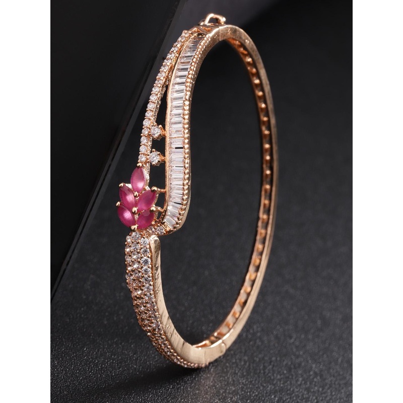 Priyaasi Magenta Rose Gold-Plated American Diamond Handcrafted Bangle-Style Bracelet