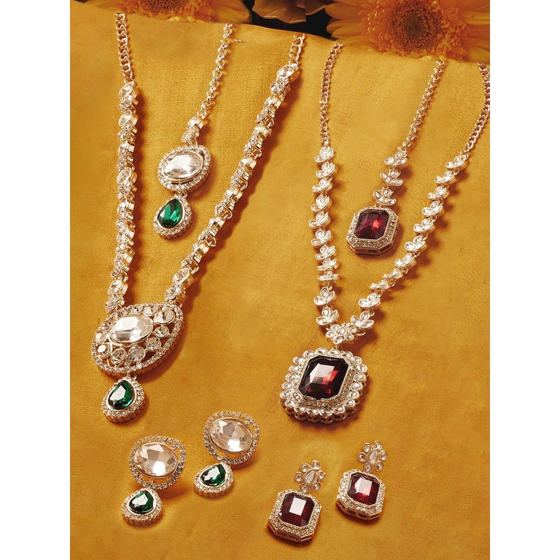 Zaveri Pearls Set Of 2 Gold-Plated Diamonds Stone-Studded Jewellery Sets