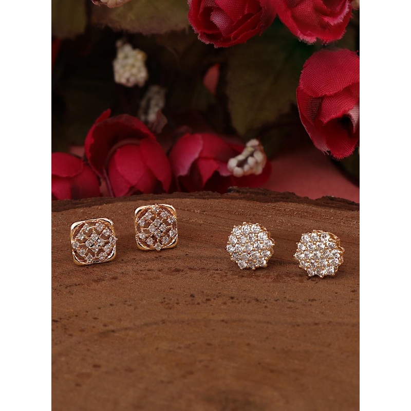ZINU Rose Gold-Plated Cubic Zirconia Studded Circular Studs Earrings