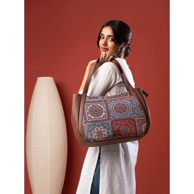 ZOUK Ethnic Motifs Printed Structured Jute Shoulder Bag Up to 16 inch