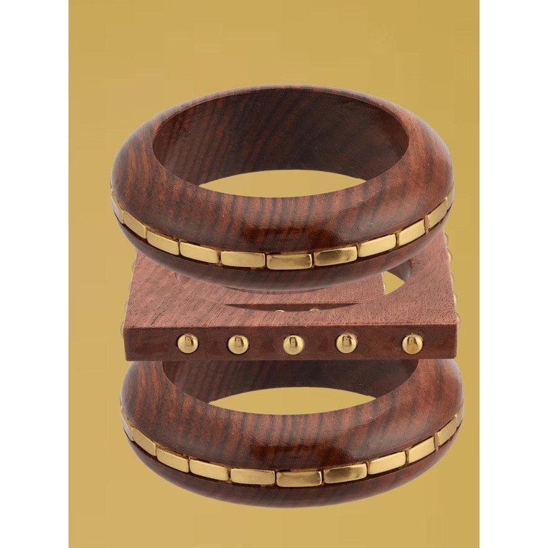 ATIBELLE Set Of 3 Gold-Plated Beaded & Round-Square Twisted Shaped Wooden Bangles