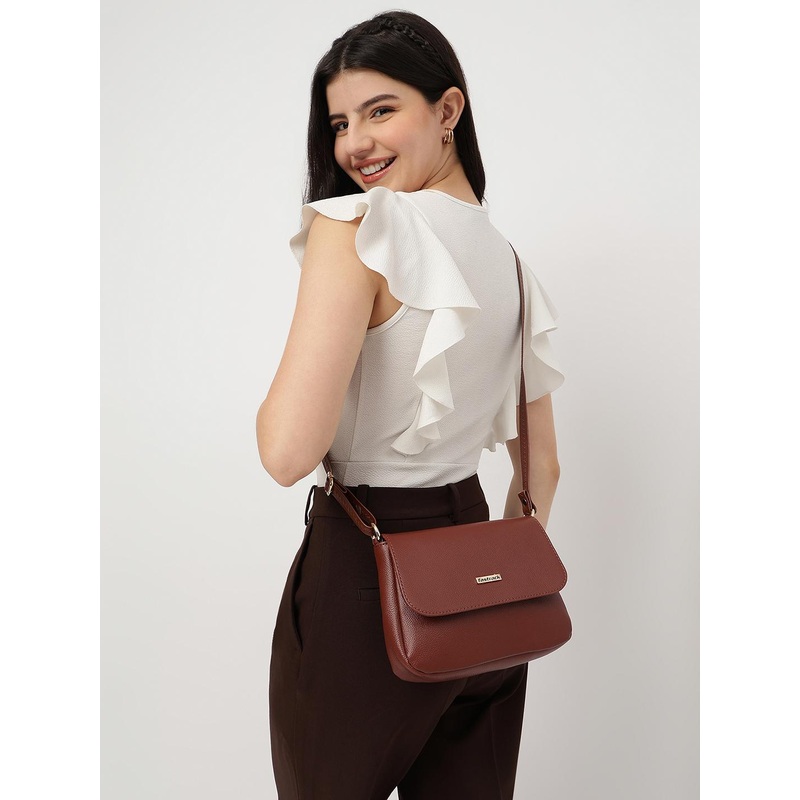 Fastrack Women Tan Solid Structured Sling Bag with Non-Detachable Sling Straps