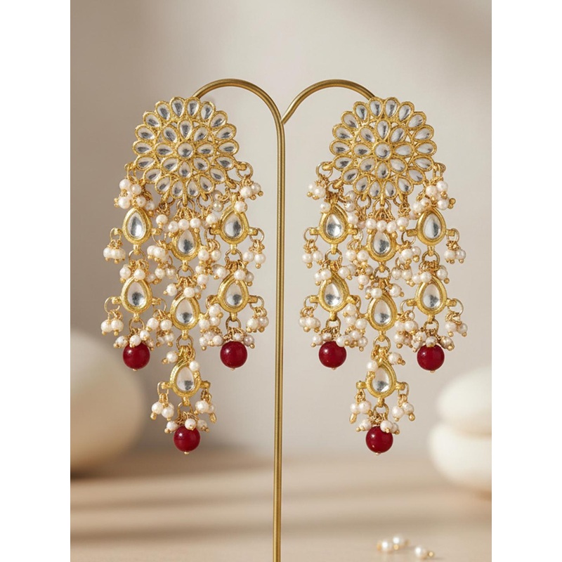 KARATCART Maroon Gold-Plated Stone-Studded Floral Drop Earrings