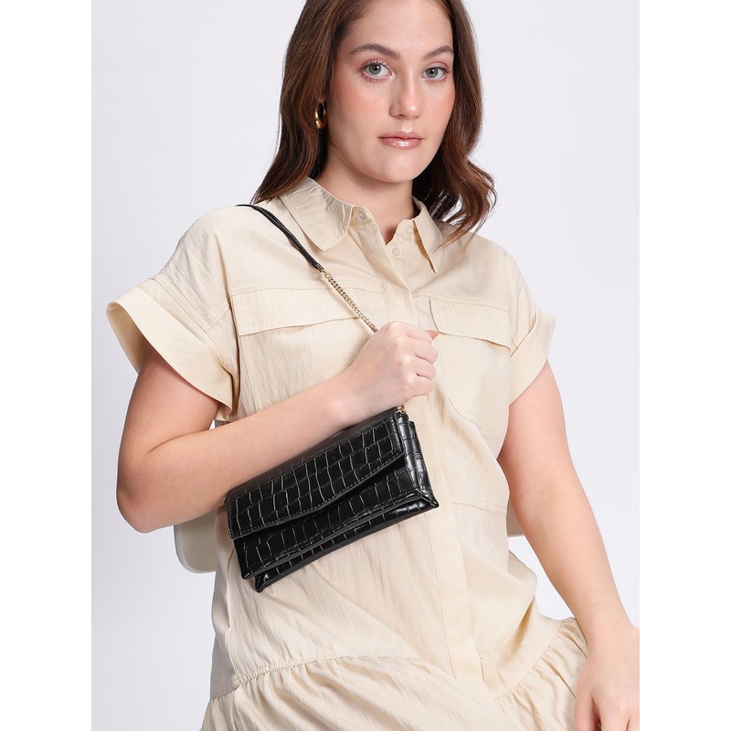 MANGO Animal Skin Textured Baguette Shoulder Bag