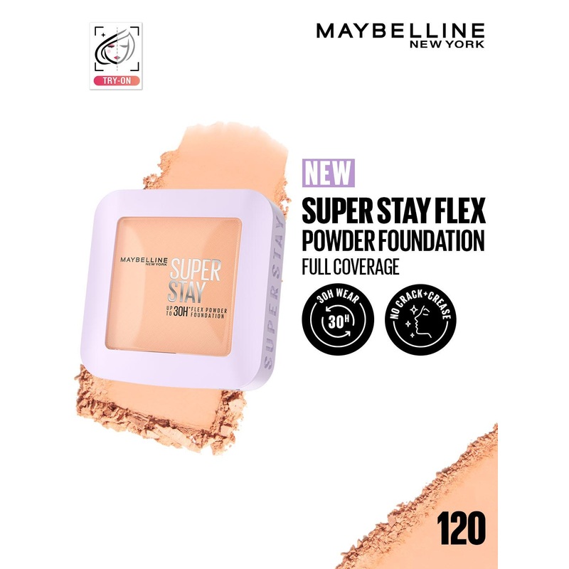 Maybelline New York Super Stay Flex 30H Wear Powder Foundation Compact for Oily Skin – 120