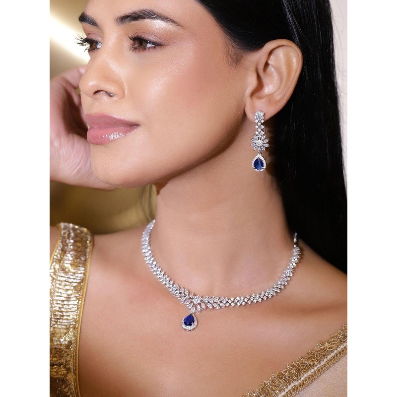 Rubans Rhodium-Plated Cubic Zirconia & Blue AD Stone Studded Drop Necklace Set