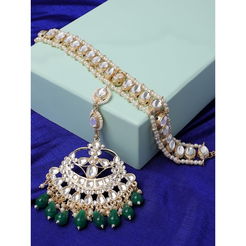 Zaveri Pearls Gold-Plated White & Green Stone-Studded Drop Bridal Kundan Matha Patti