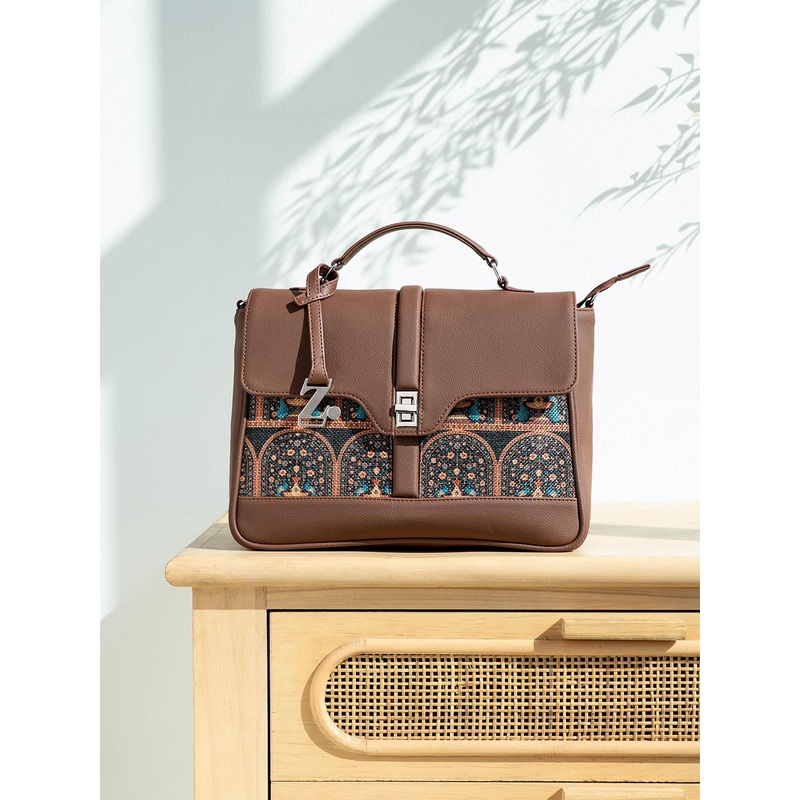 ZOUK Peacock Motif Printed Structured Satchel