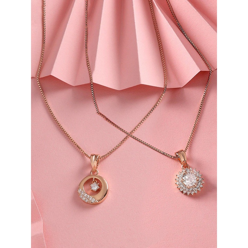 AMI Set Of 2 Rose Gold-Plated Cubic Zirconia Studded Pendant With Chain
