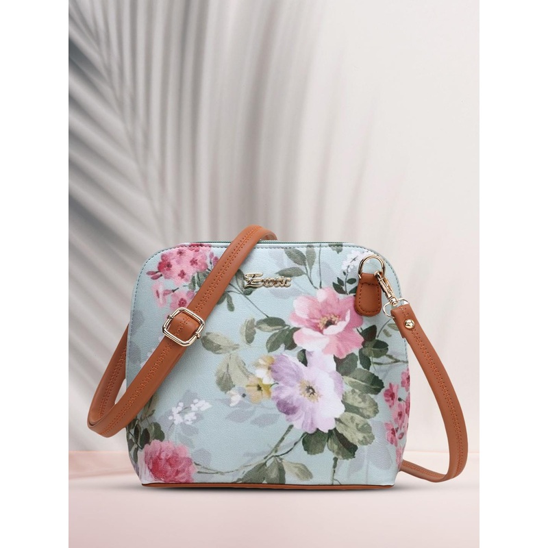 Exotic Teal Floral Printed PU Structured Sling Bag