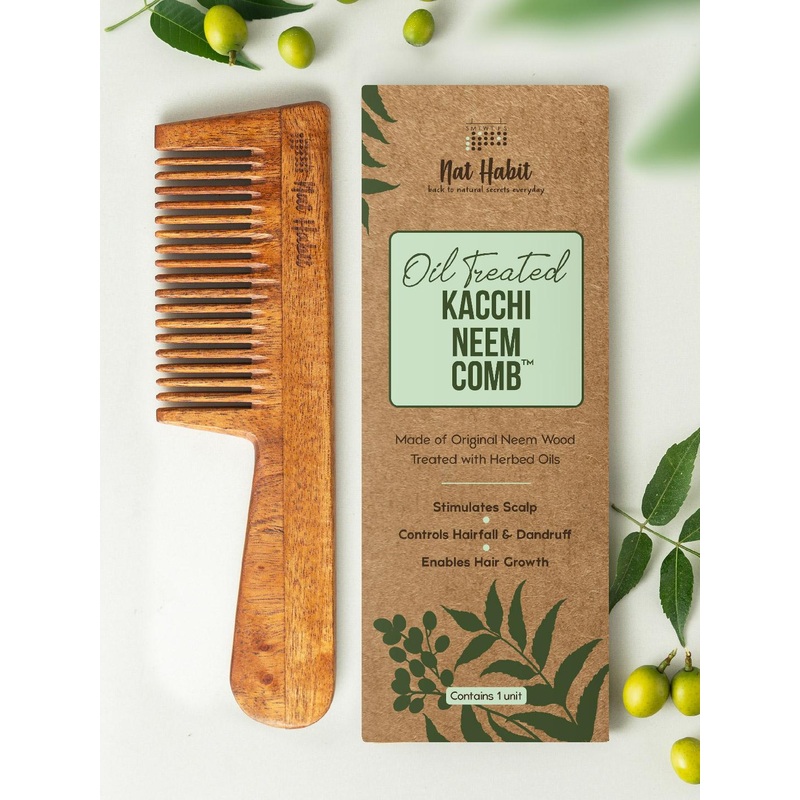 Nat Habit Kacchi Neem Fine Wooden Tooth Comb – Soaked in 17 Herbs & Oils for Hair Growth