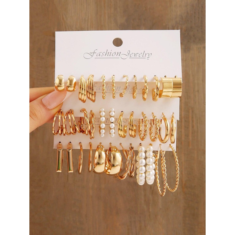 Shining Diva Fashion Set Of 18 Gold-Plated Beaded Contemporary Hoop Earrings