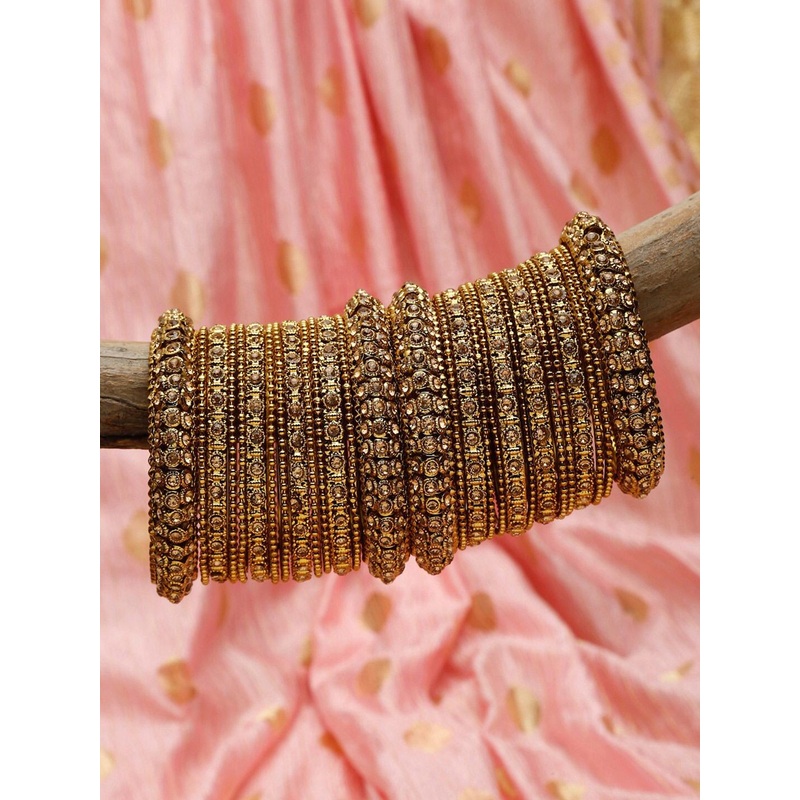 Shining Diva Set Of 28 Gold-Plated Gold-Colored Crystal-Studded Antique Bangle