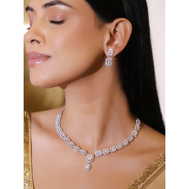 Women Rhodium-Plated Brass White Cubic Zirconia Studded Classic Necklace Set with Earring